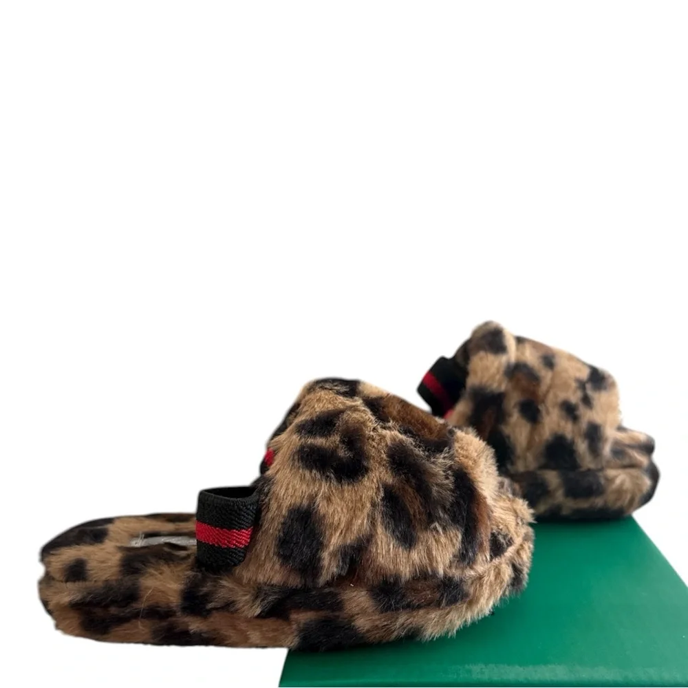 Lauren Lorraine Plush K Leopard Faux Fur Flat Slides 9Monhs‎